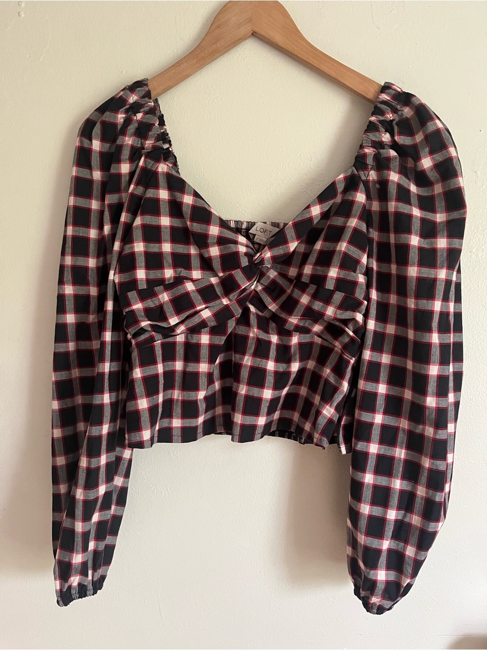 LOFT Black Plaid Twist-Front Puff Sleeve Cropped Top